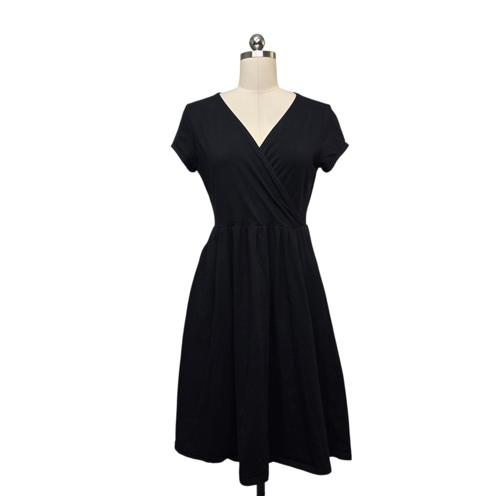 Pact Organic Cotton Wrap Front Fit and Flare Dress Black Short Sleeve Size Large